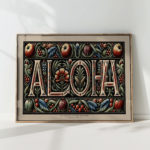 aloha word art print with exotic floral design