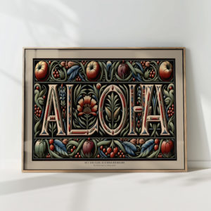aloha word art print with exotic floral design