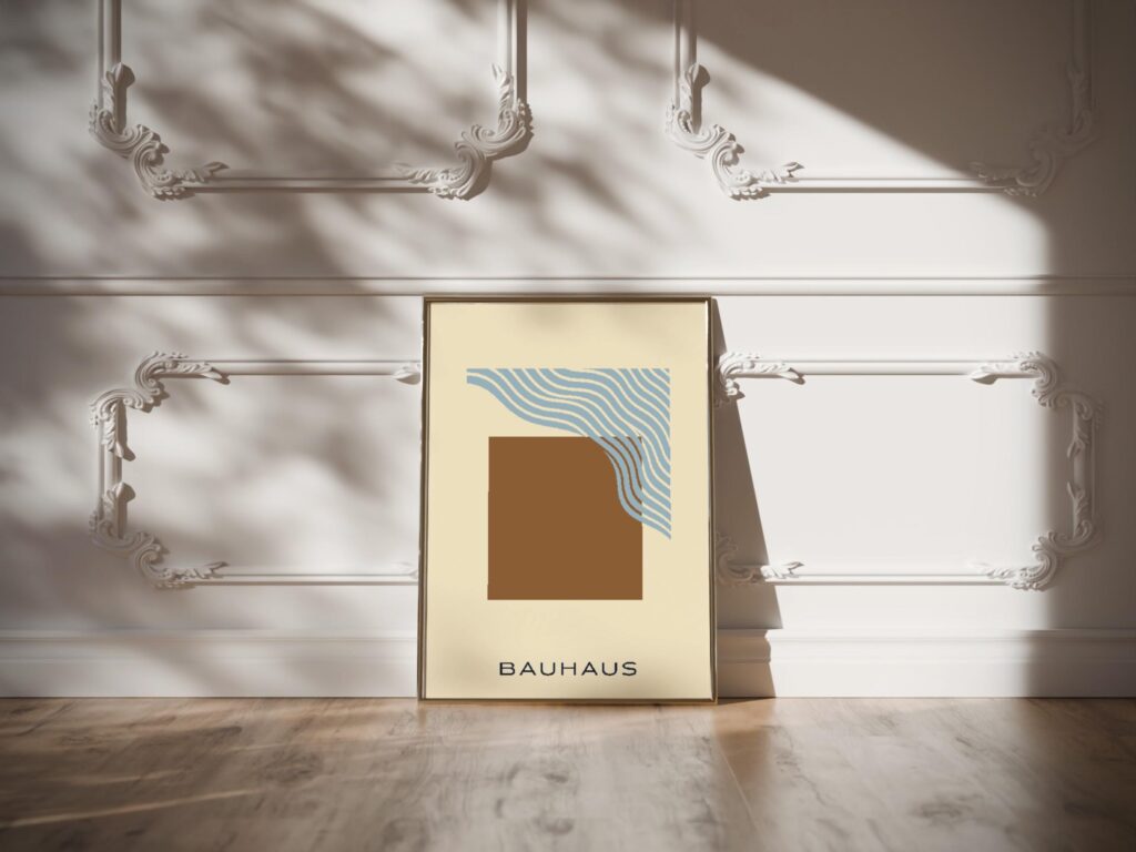 bauhaus print beige blue wavy line design