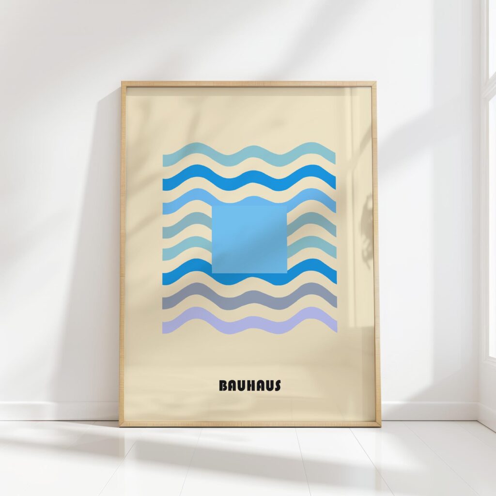 bauhaus print blue wavy lines graphic art