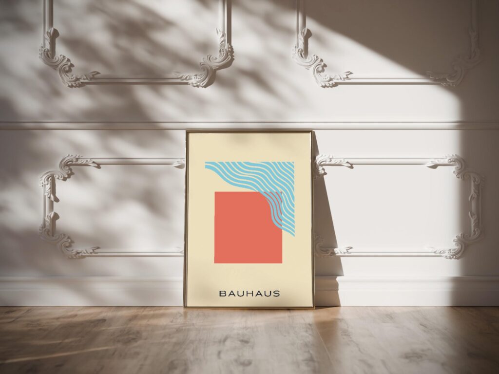 bauhaus print coral blue curved line art