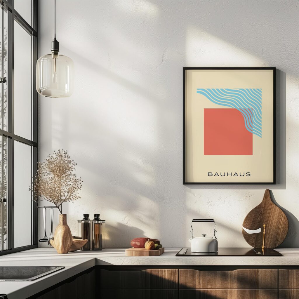 bauhaus print coral blue curved line art 5