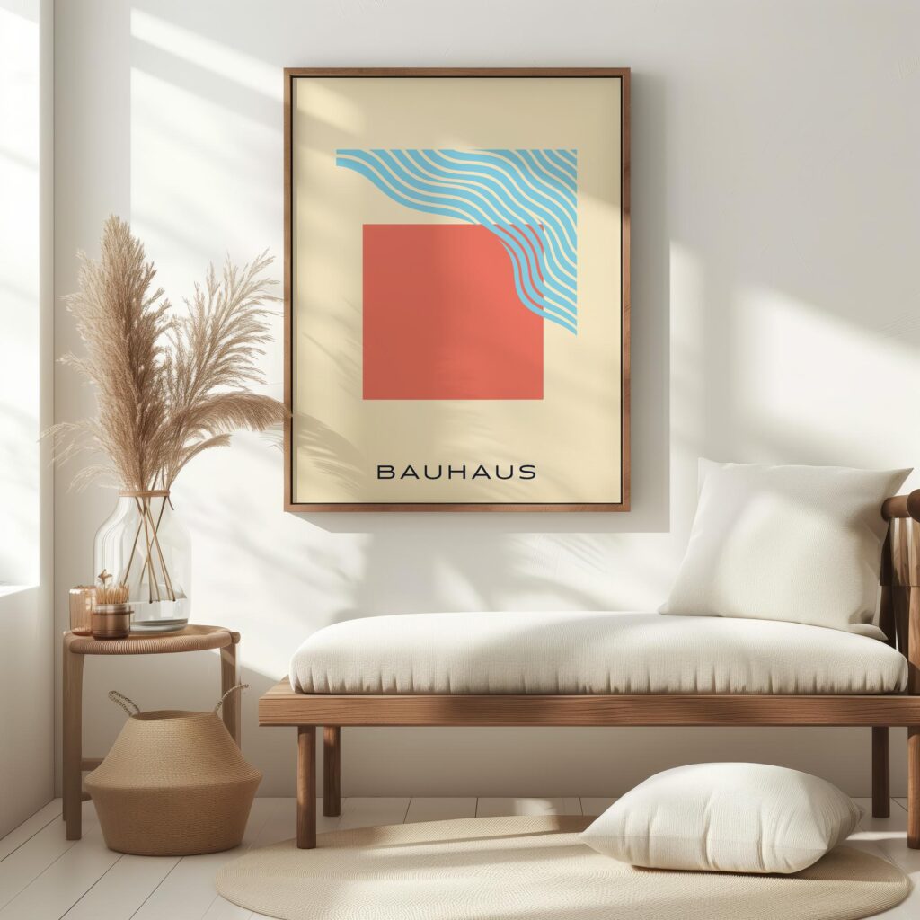 bauhaus print coral blue curved line art 6