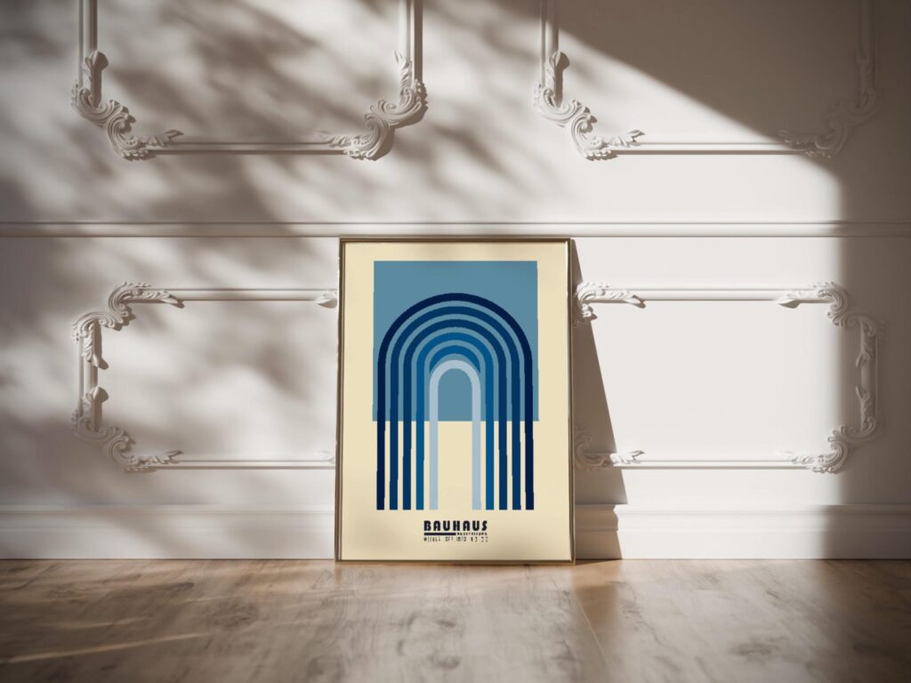bauhaus print in blue tones with geometric arches