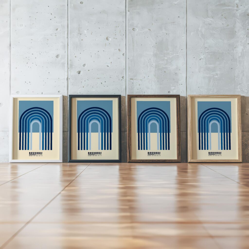 bauhaus print in blue tones with geometric arches 2