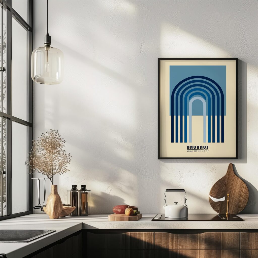 bauhaus print in blue tones with geometric arches 5