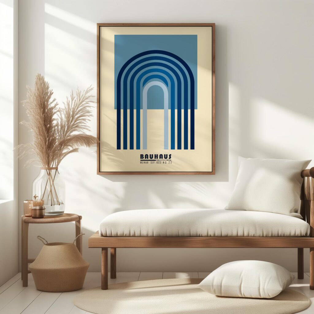 bauhaus print in blue tones with geometric arches 6