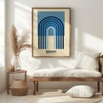 bauhaus print in blue tones with geometric arches 6