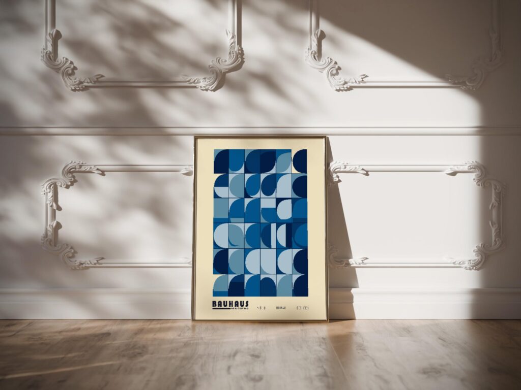 bauhaus print in blue tones with geometric pattern