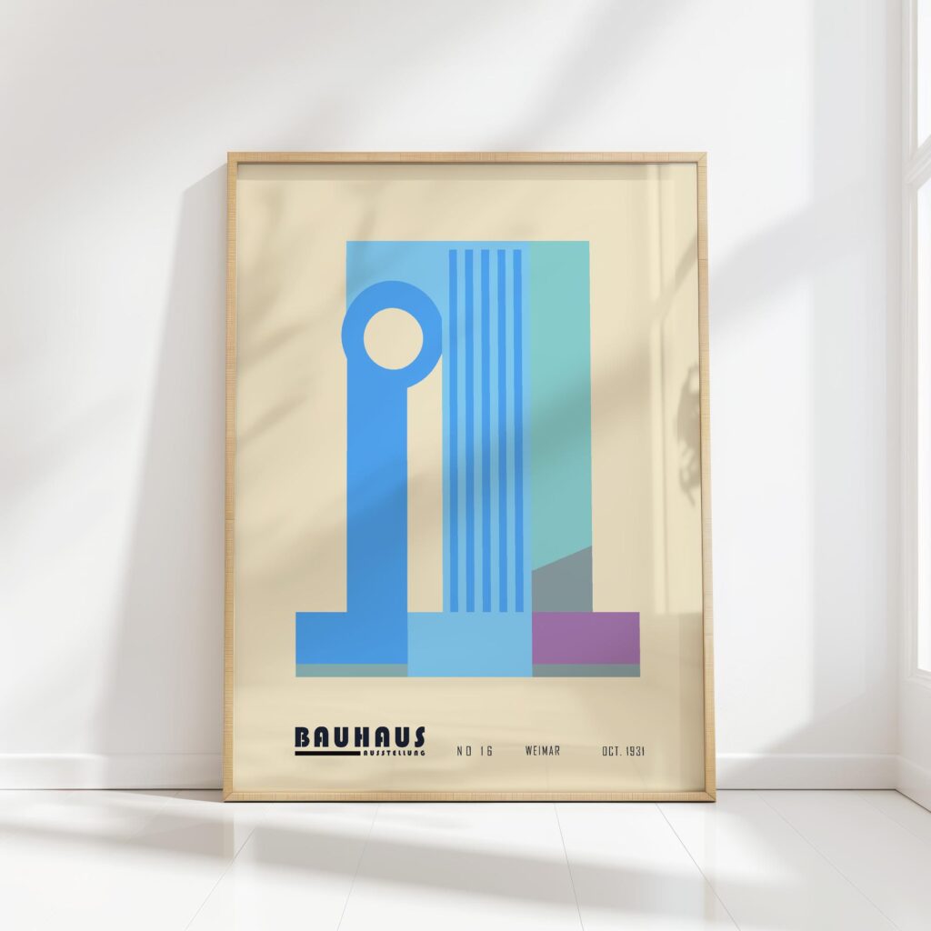 bauhaus print in blue with geometric shapes