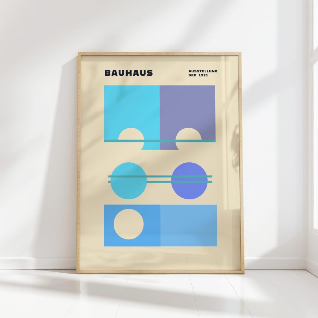 bauhaus print in blue with geometric shapes design