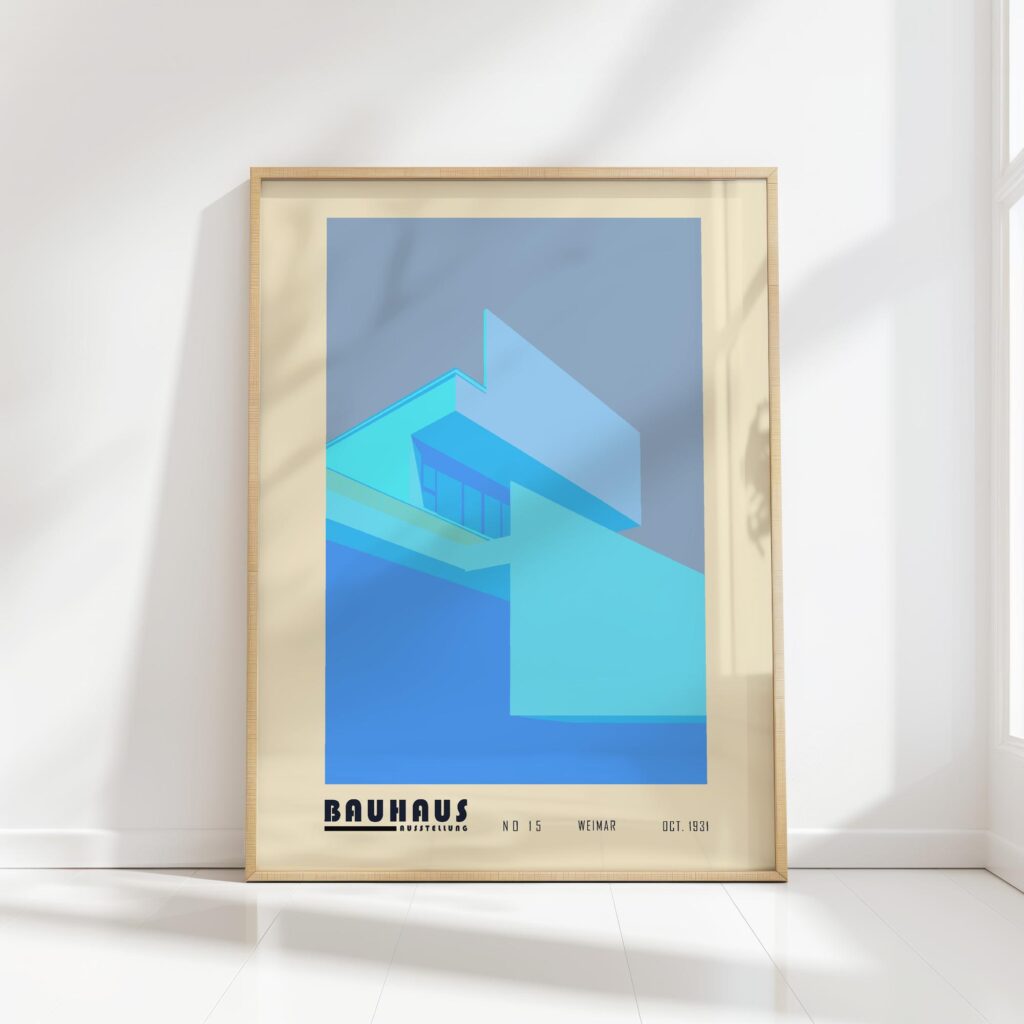 bauhaus print in cool blue geometric design