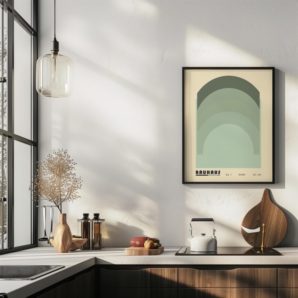 bauhaus print in cool tones with geometric arches 5