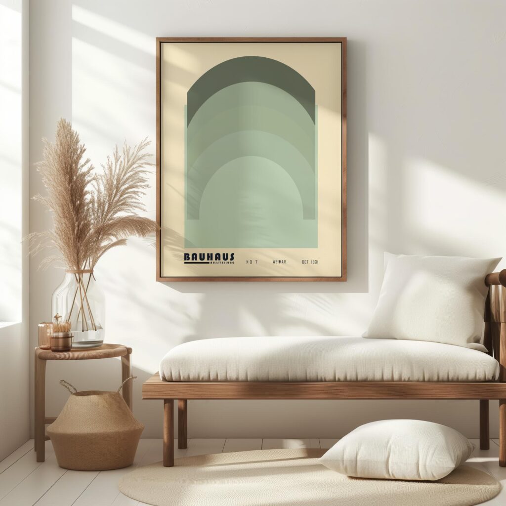 bauhaus print in cool tones with geometric arches 6