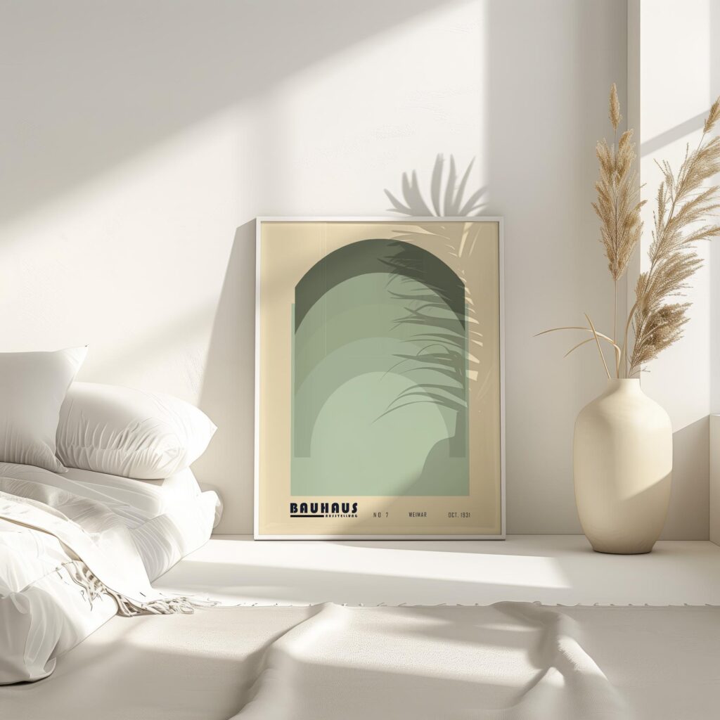 bauhaus print in cool tones with geometric arches 7