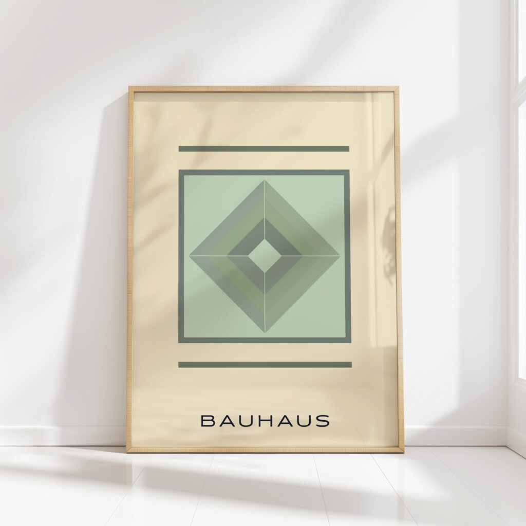 bauhaus print in olive tones with geometric shapes