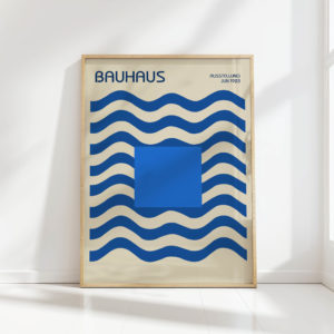 bauhaus style blue beige wavy lines art print