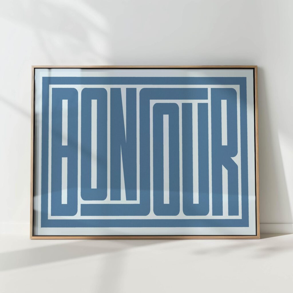 blue bonjour typography print modern geometric poster