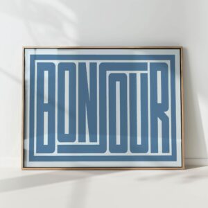 blue bonjour typography print modern geometric poster