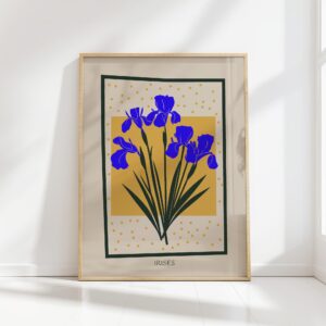 blue irises mid century print bold color contrast