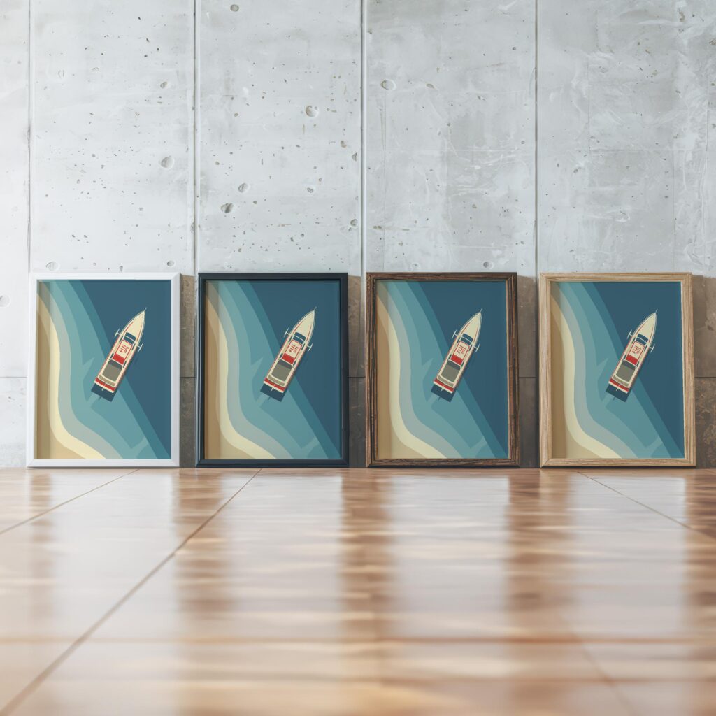 boat fiji framed posters mockup