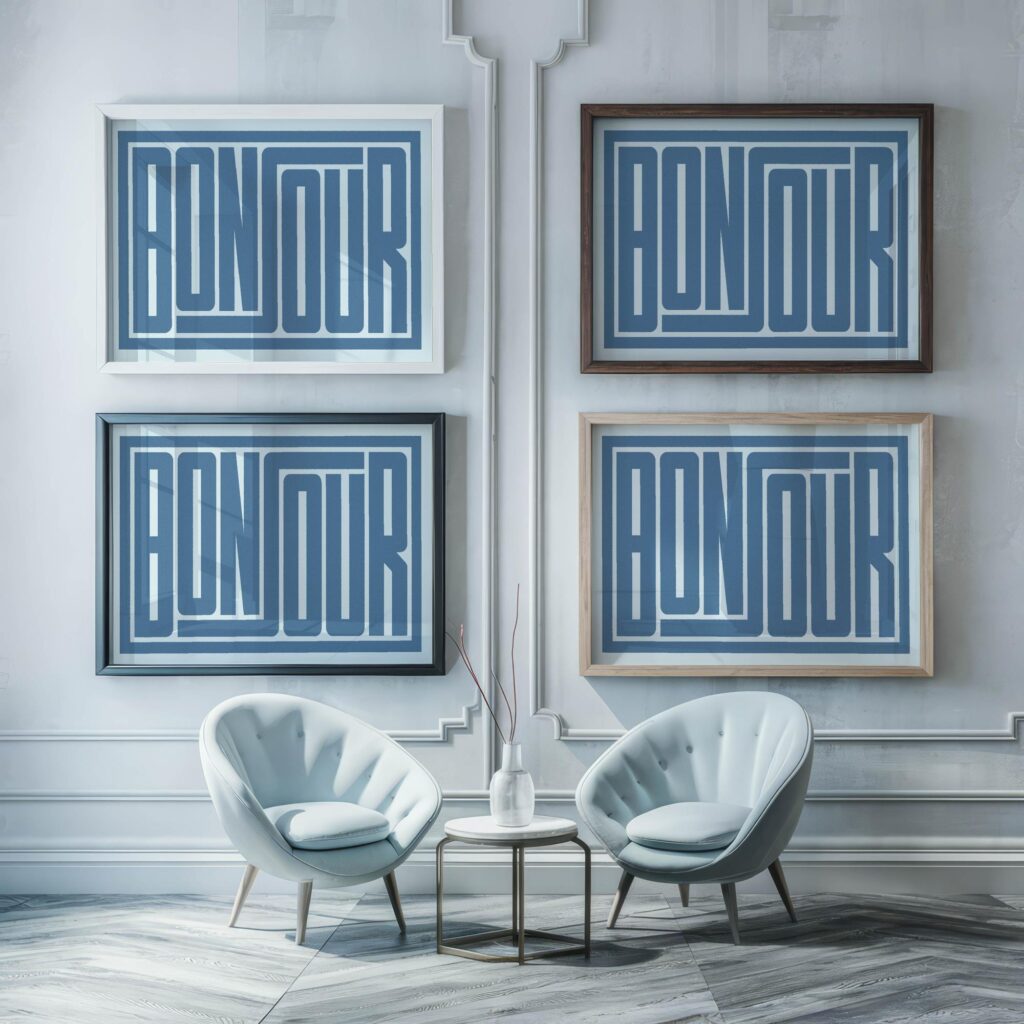 bonjour blue 3x4 framed posters mockup