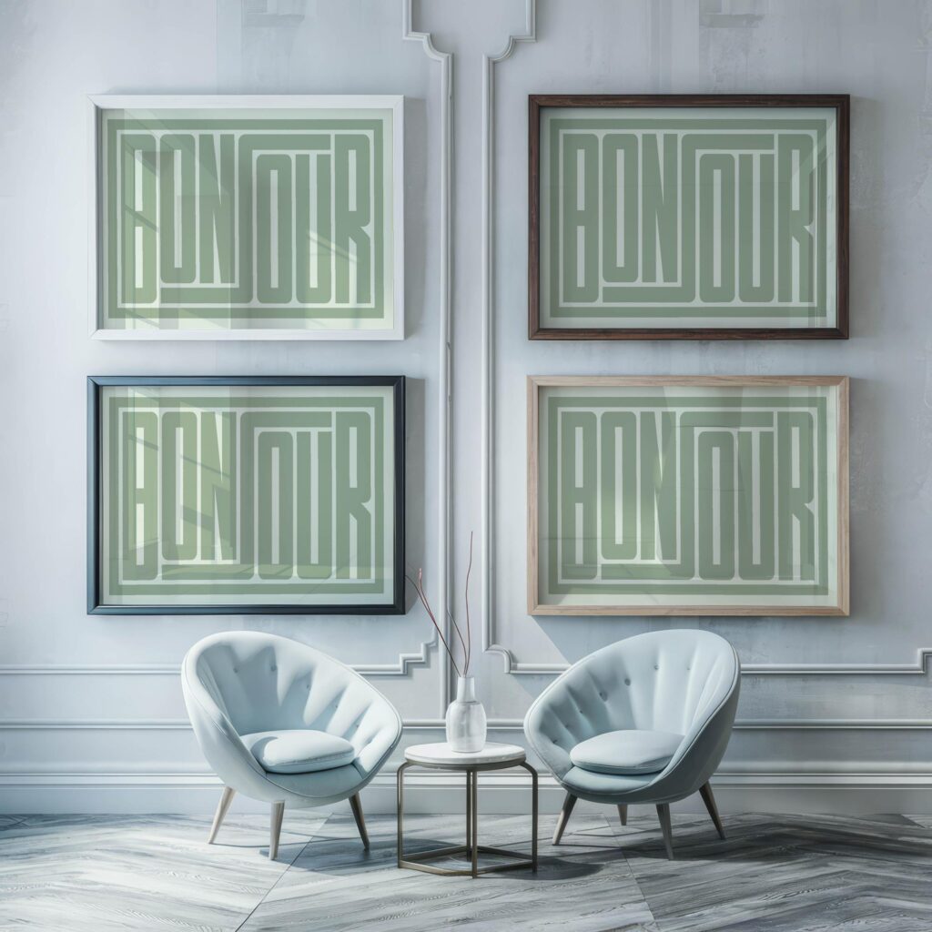 bonjour green 3x4 framed posters mockup