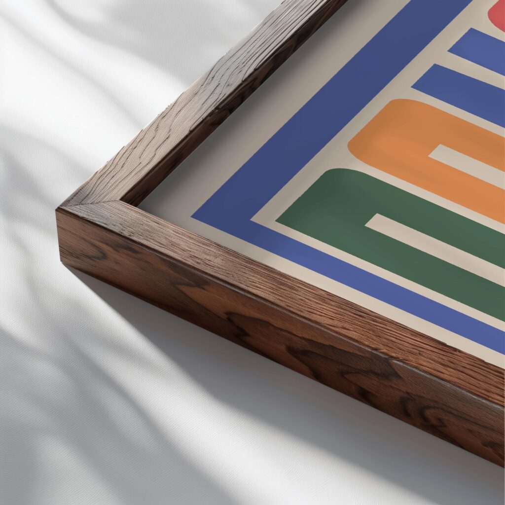 bonjour rainbow 3x4 close up dark wood mockup