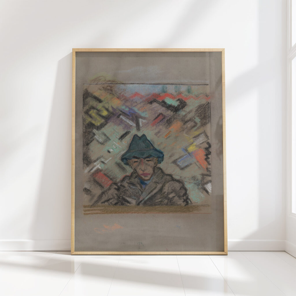 bust of a man in a hat with decorative background 1937 arnold peter weisz kubincan high quality print