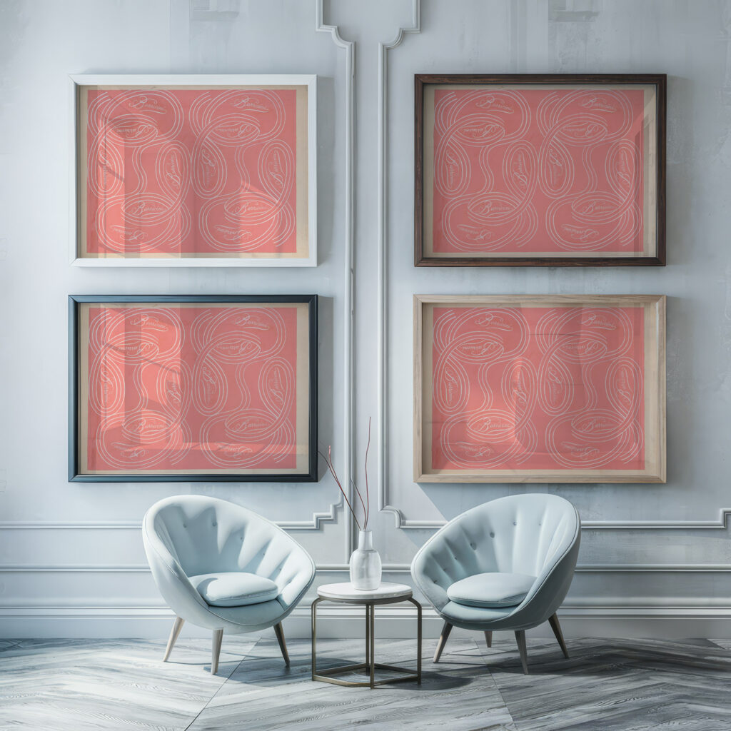calligraphic scrolls and script on salmon background 1948 Winold Reiss framed posters mockup