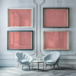 calligraphic scrolls and script on salmon background 1948 Winold Reiss framed posters mockup