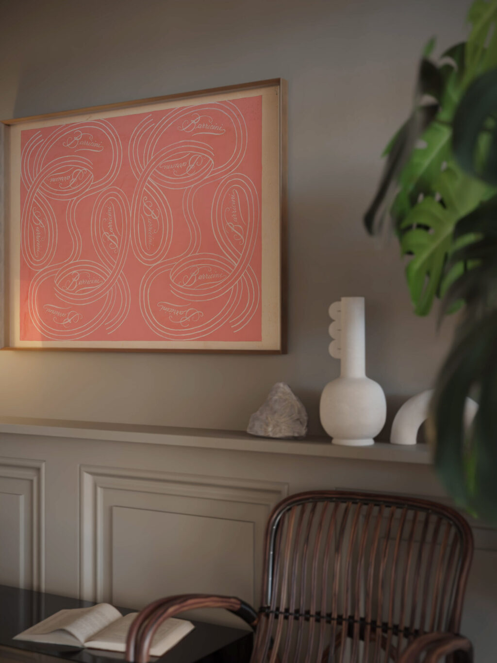 calligraphic scrolls and script on salmon background 1948 Winold Reiss video mockup