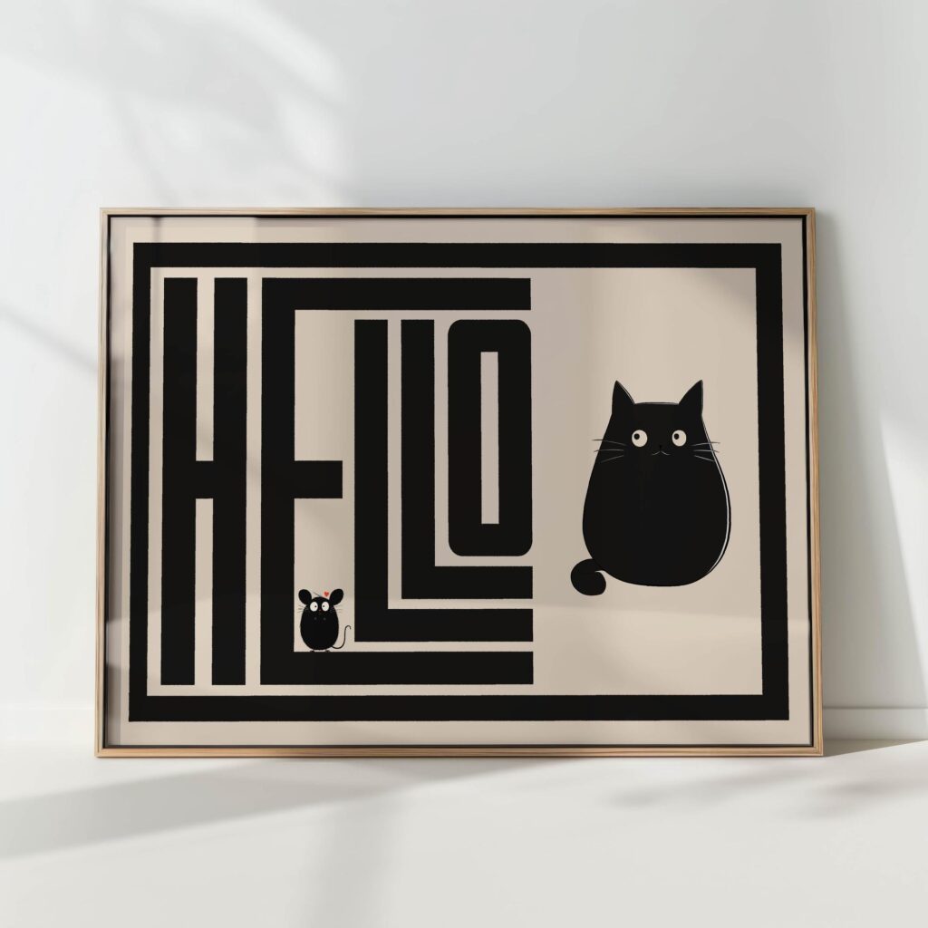 cat mouse hello typography print black white modern geometric poster