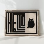 cat mouse hello typography print black white modern geometric poster