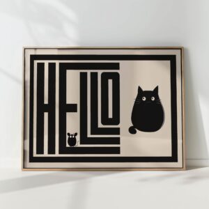 cat mouse hello typography print black white modern geometric poster