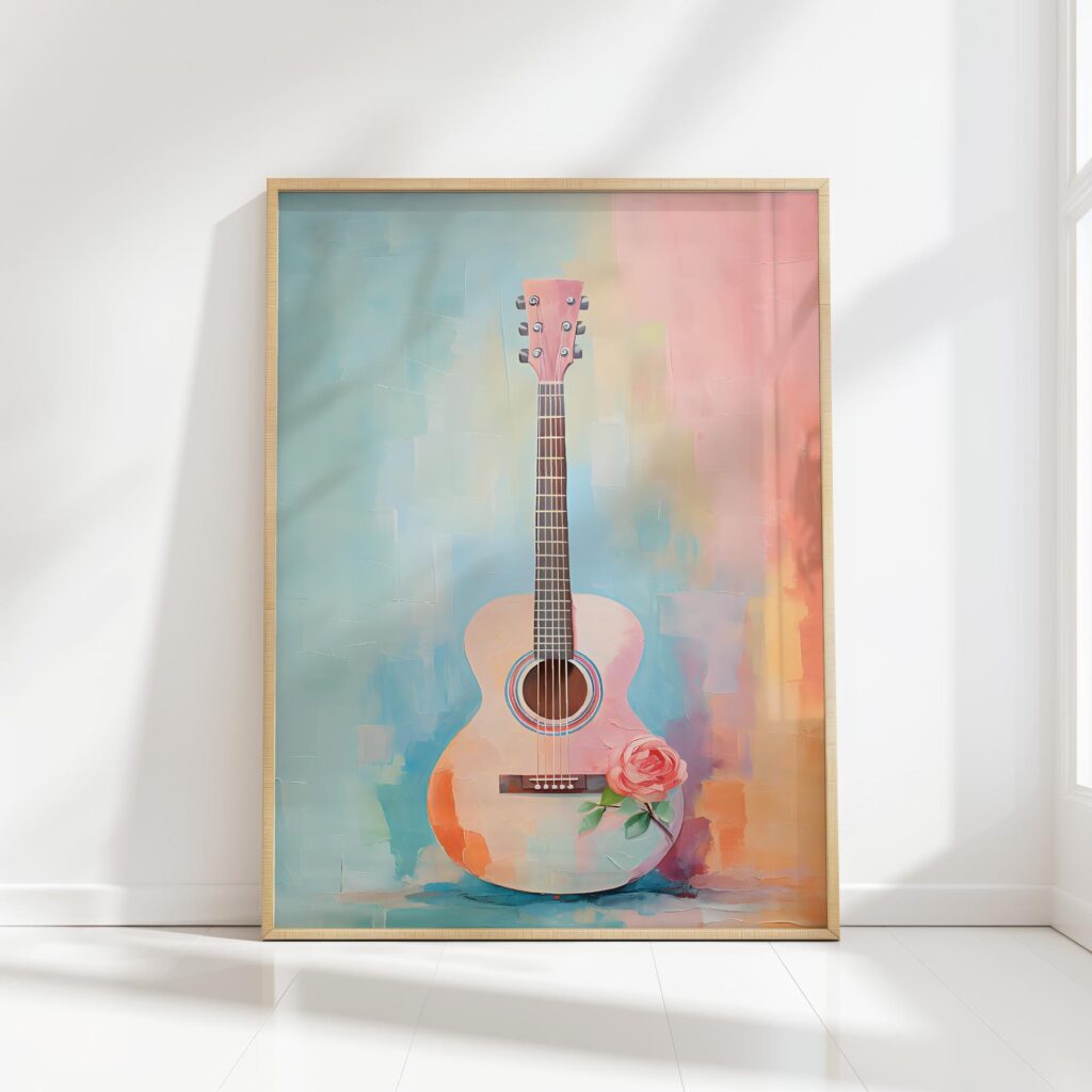 colorful guitar and rose artistic print for home decor