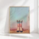 cowgirl boot print preppy wall art blue background