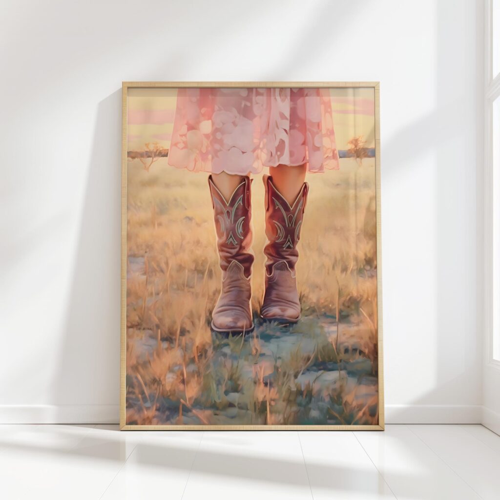cowgirl boot print preppy wall art sunset