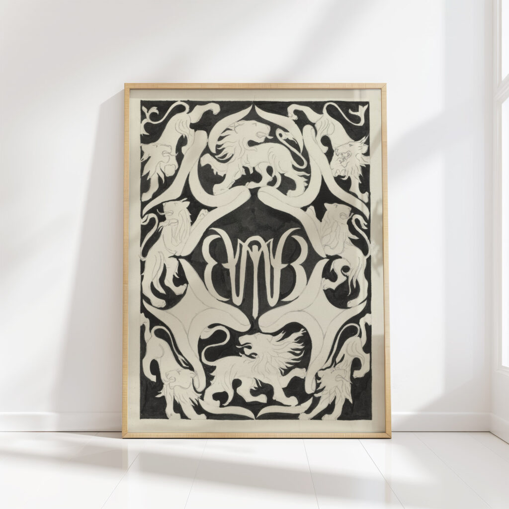 design for an ex libris with monogram and lions 2 1874 carel adolph lion cachet high quality print