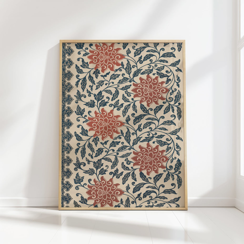 elegant floral artwork print in warm red and blue tones