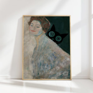 elegant woman black cat art print for home decor