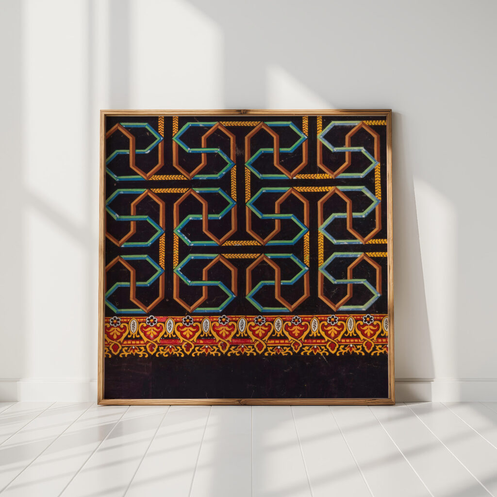 geometric maze like patterns in brown blue green and yellow on black ground late 19th century unknown high quality print