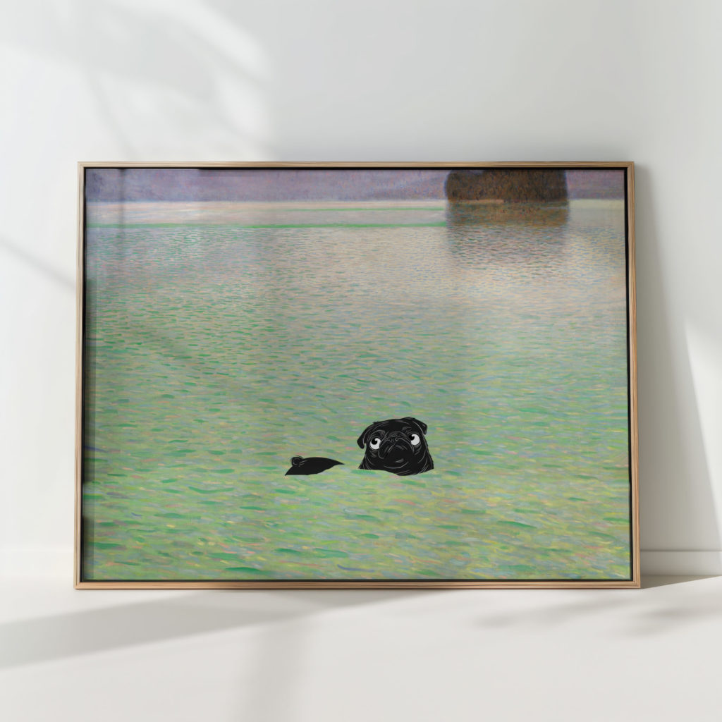 gustav klimt pug print lake scene with mascot dog poster