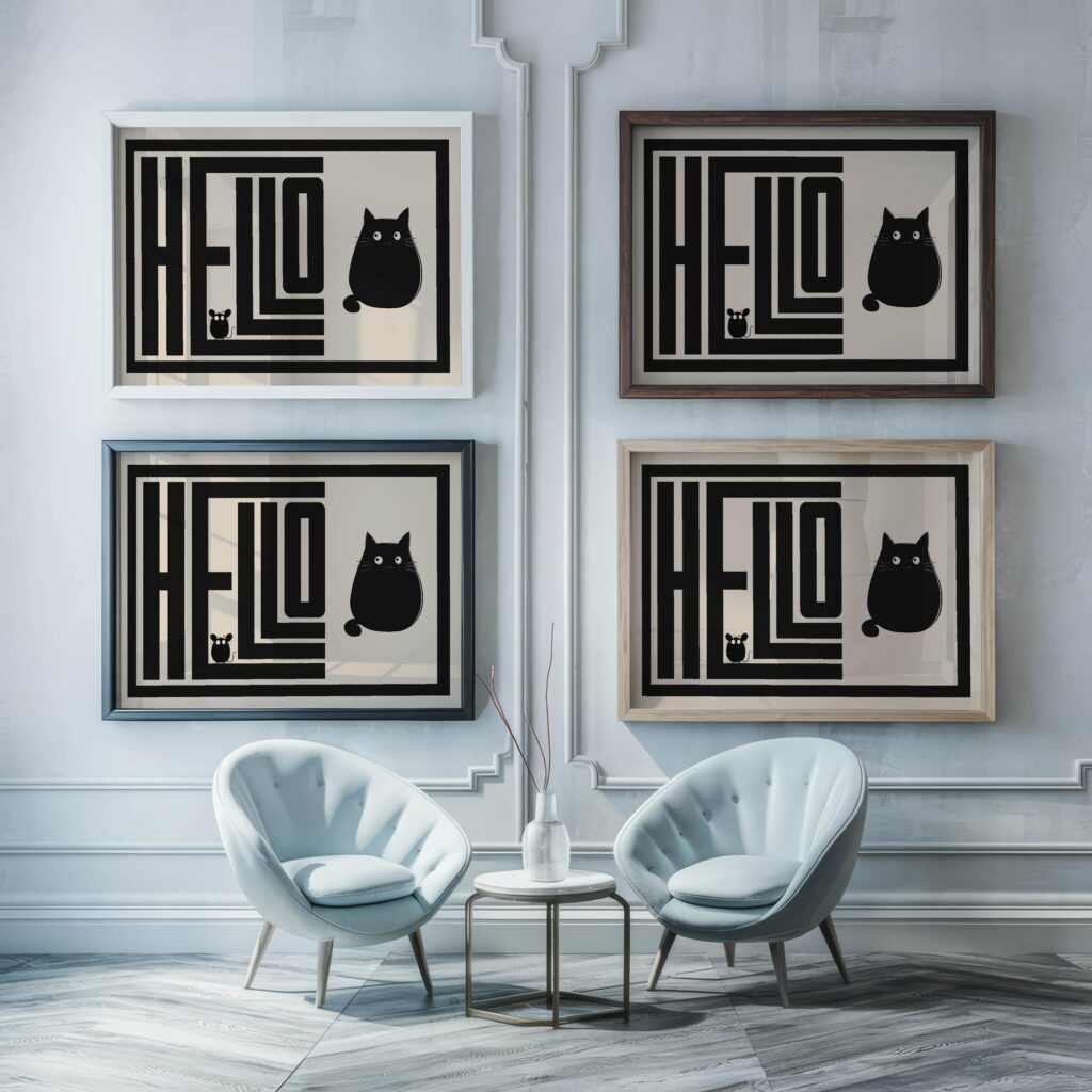hello cat black 3x4 framed posters mockup