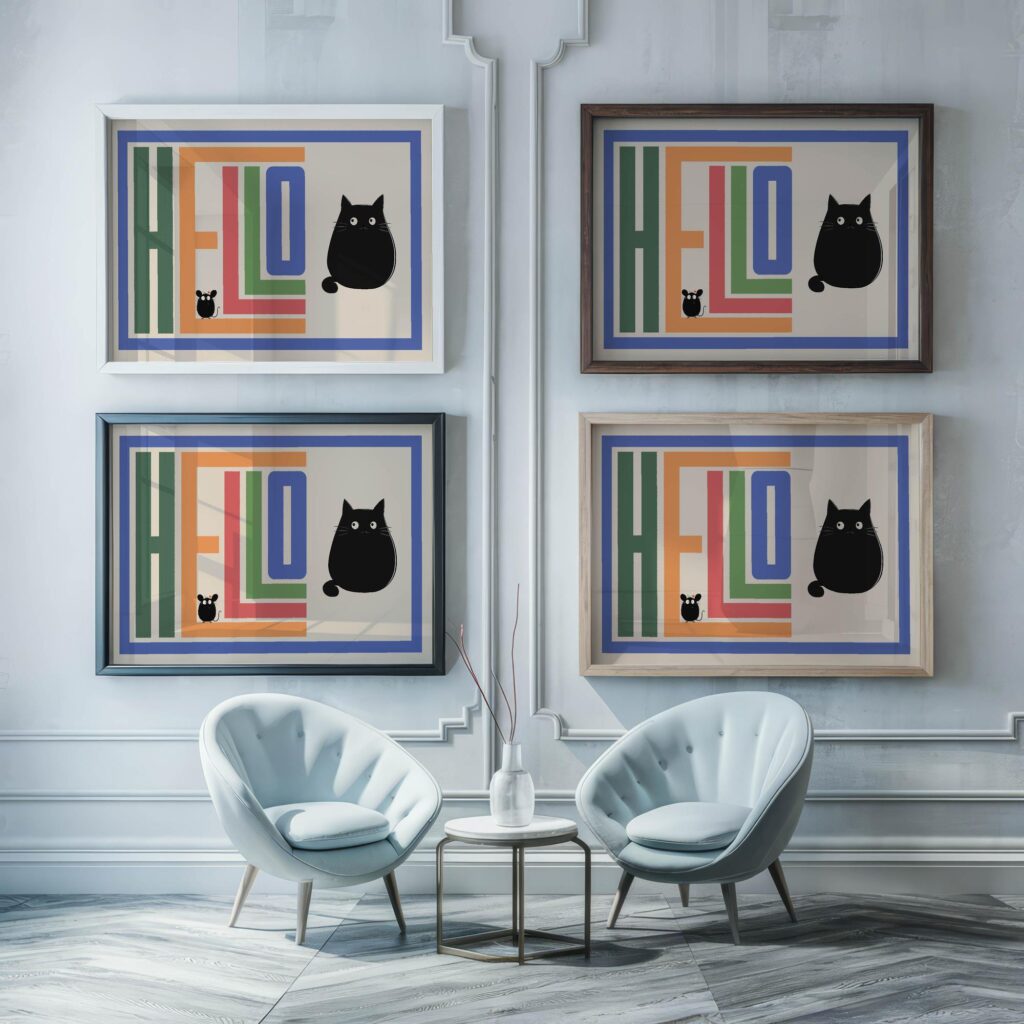 hello cat rainbow 3x4 framed posters mockup