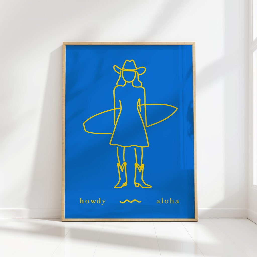 howdy aloha cowgirl surfing blue line art print