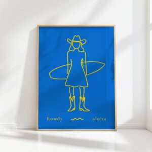 howdy aloha cowgirl surfing blue line art print