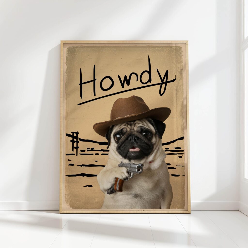 howdy typography print pug in cowboy hat