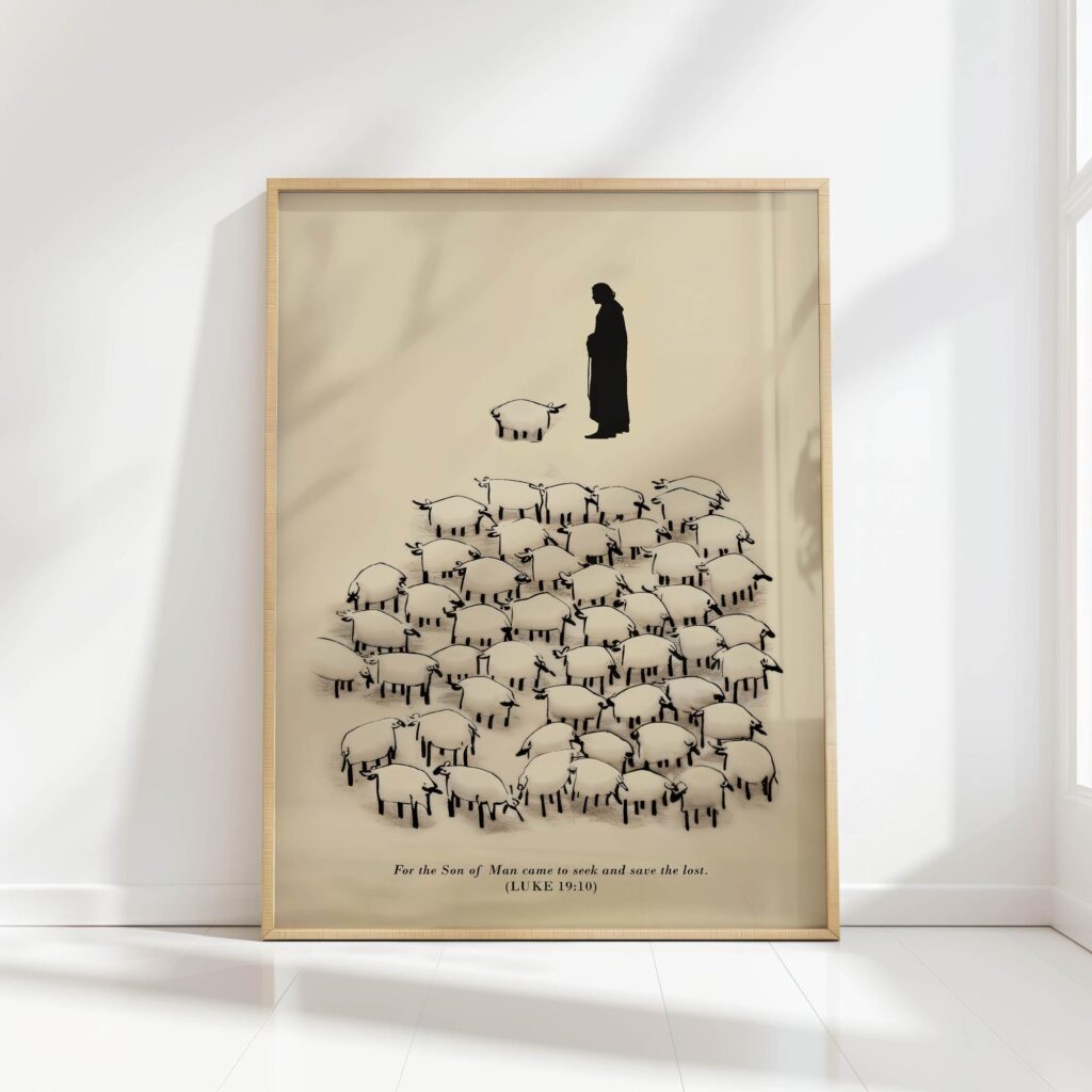jesus leaves the 99 beige inspirational minimalist christian print