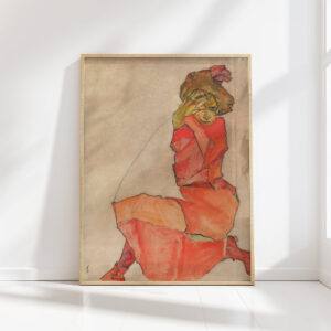 kneeling female in orange red dress 1910 egon schiele high quality print